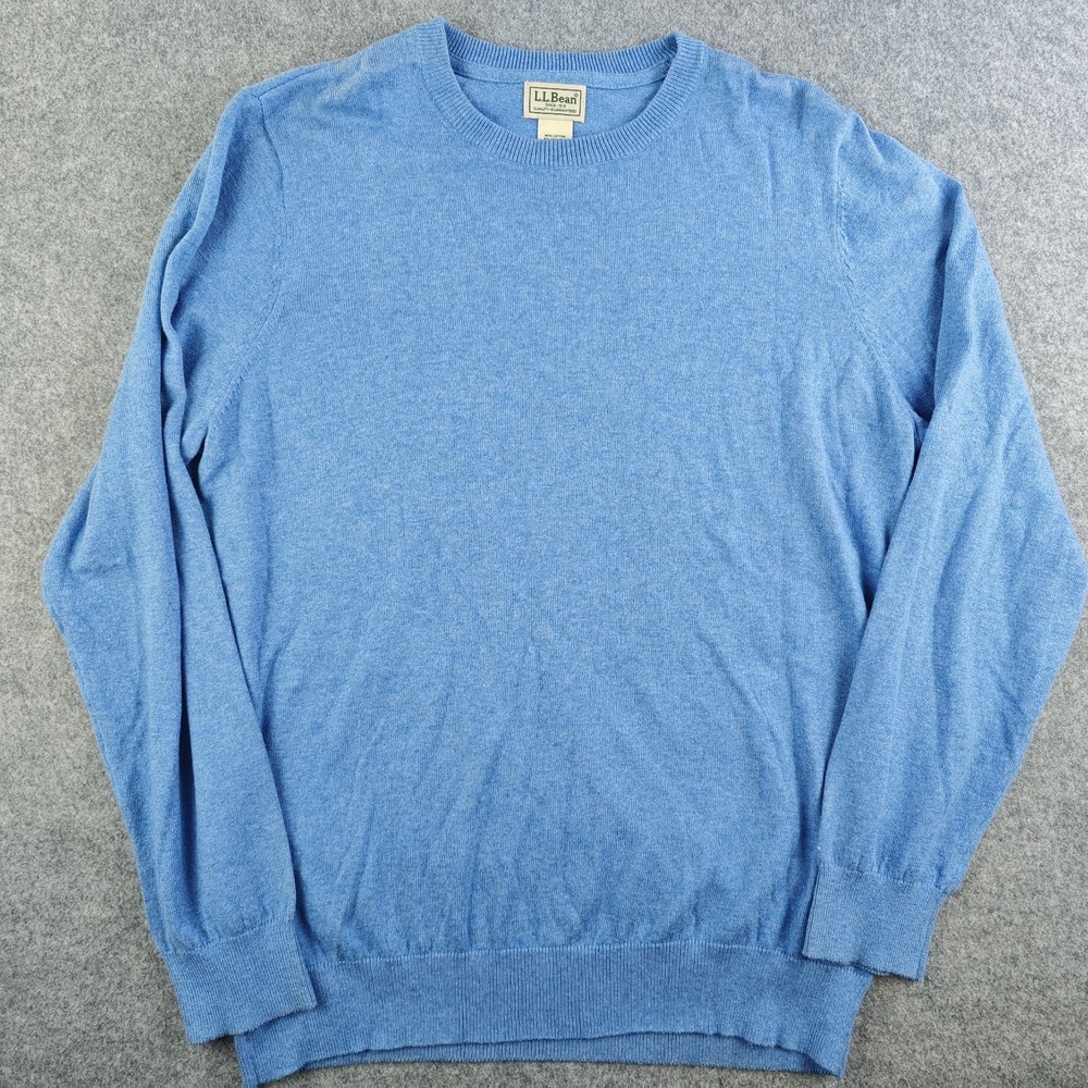 LL Bean Sweater Mens Large Blue Solid Crew Neck Cashmere Blend Long Sleeve